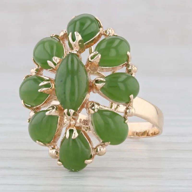 princess cut engagement rings for women-Green Nephrite Jade Ring 14k Yellow Gold Size 7.5 Cocktail Cluster