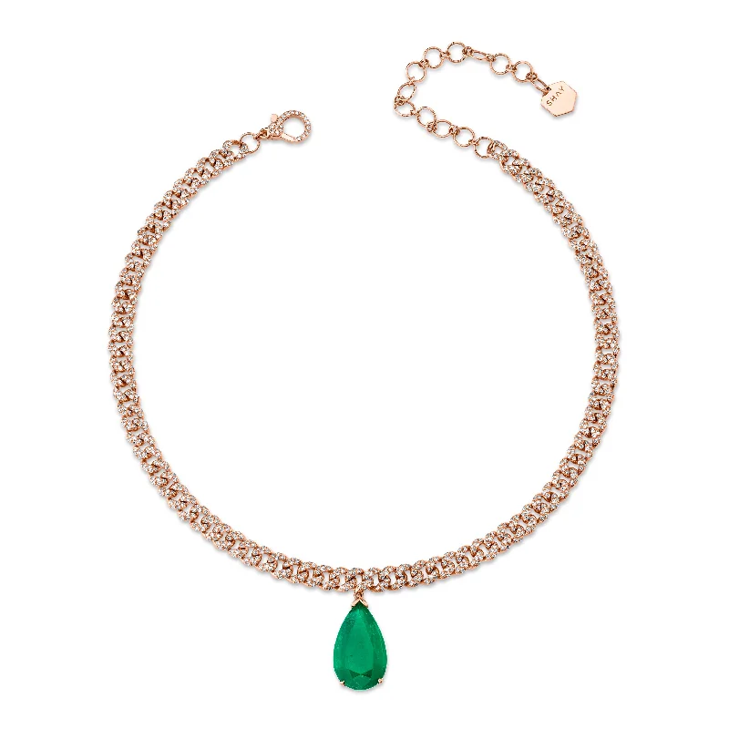 layered gold necklaces for women-READY TO SHIP EMERALD TEARDROP PAVE MINI PAVE LINK CHOKER