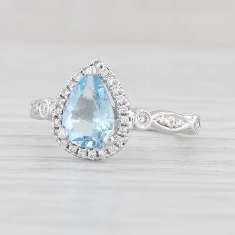 engagement rings with side stones for women-0.88ctw Aquamarine Diamond Halo Teardrop Ring 14k White Gold Size 4