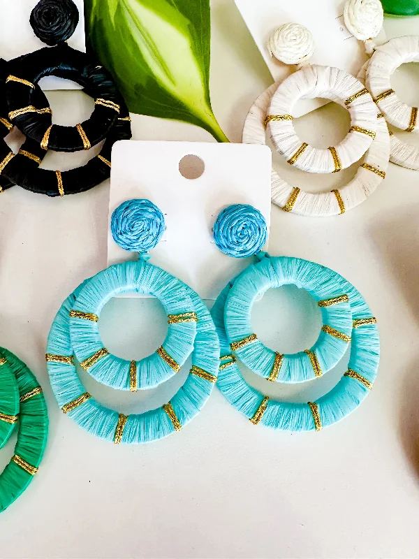 luxury earrings for women-Summer Blast Raffia Hoop Earrings- Turquoise