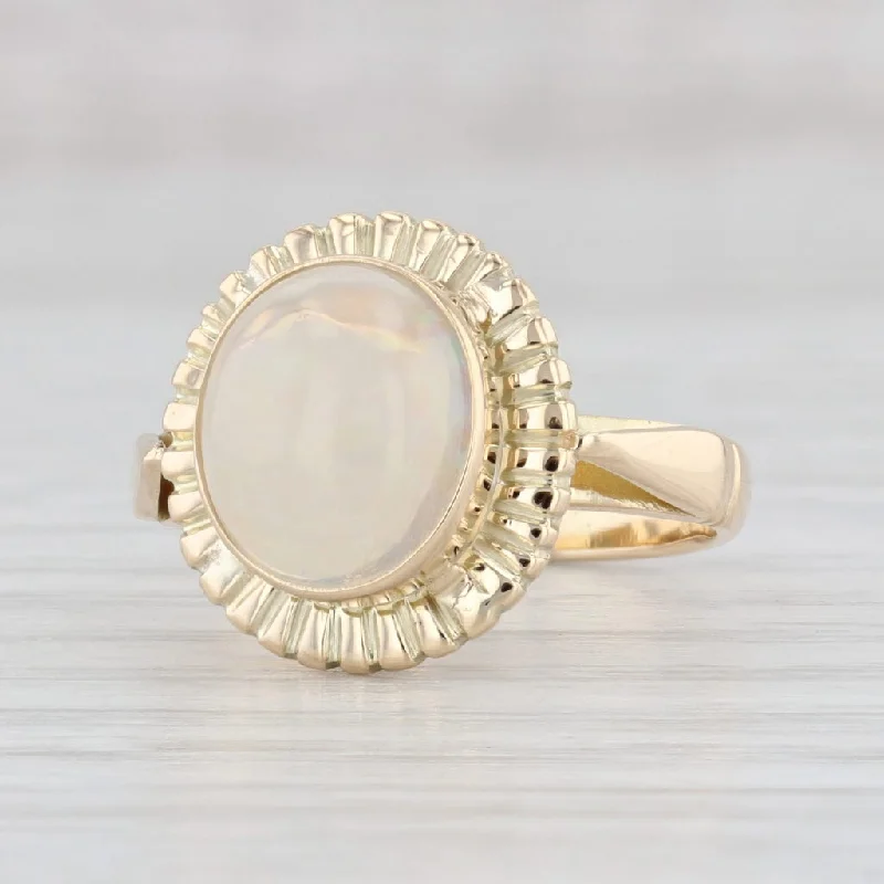 engagement rings with matching wedding bands for women-Solitaire Oval Cabochon Opal Ring 14k Yellow Gold Size 5.25