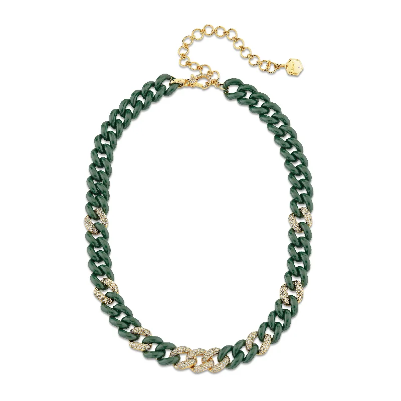 sapphire necklaces for women-DIAMOND 9 PAVE & GREEN CERAMIC ESSENTIAL LINK NECKLACE