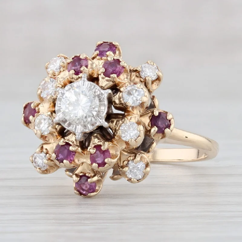 adjustable engagement rings for women-Vintage 1.09ctw Diamond Ruby Cluster Ring 14k Yellow Gold Size 7.5 Cocktail