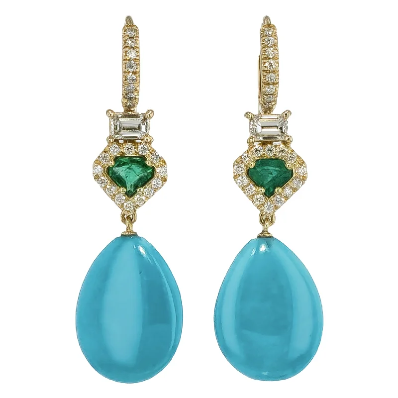 dangly earrings for women-Turquiose Yellow Gold Emerald Cut and Diamond Pave Drop Earrings