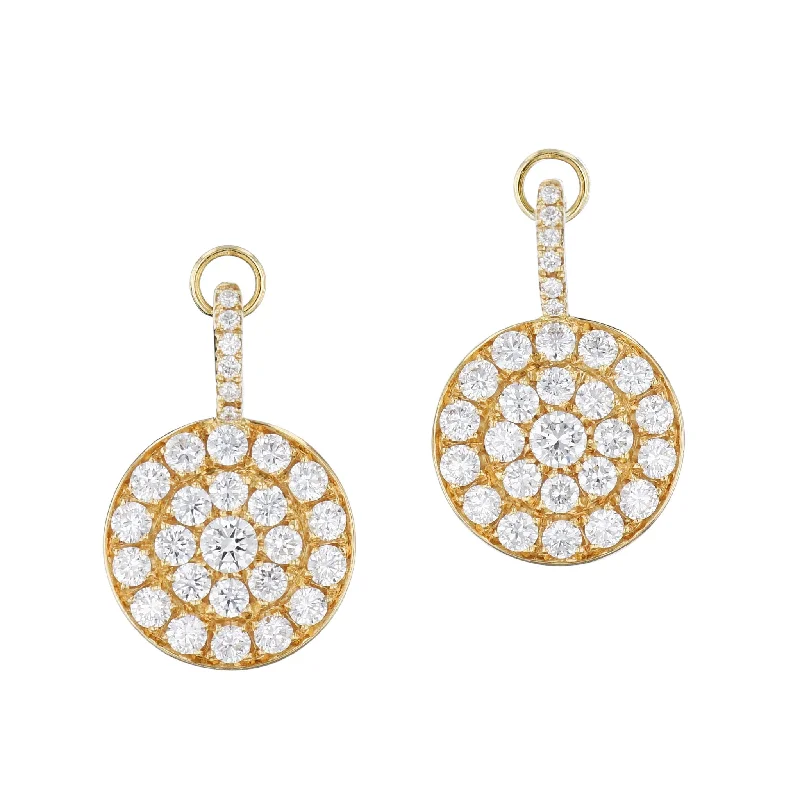 teardrop earrings for women-Pave Diamond Disc Yellow Gold Drop Earrings