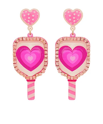 chic earrings for women-Pickleball Paddle & Heart Ball Earrings