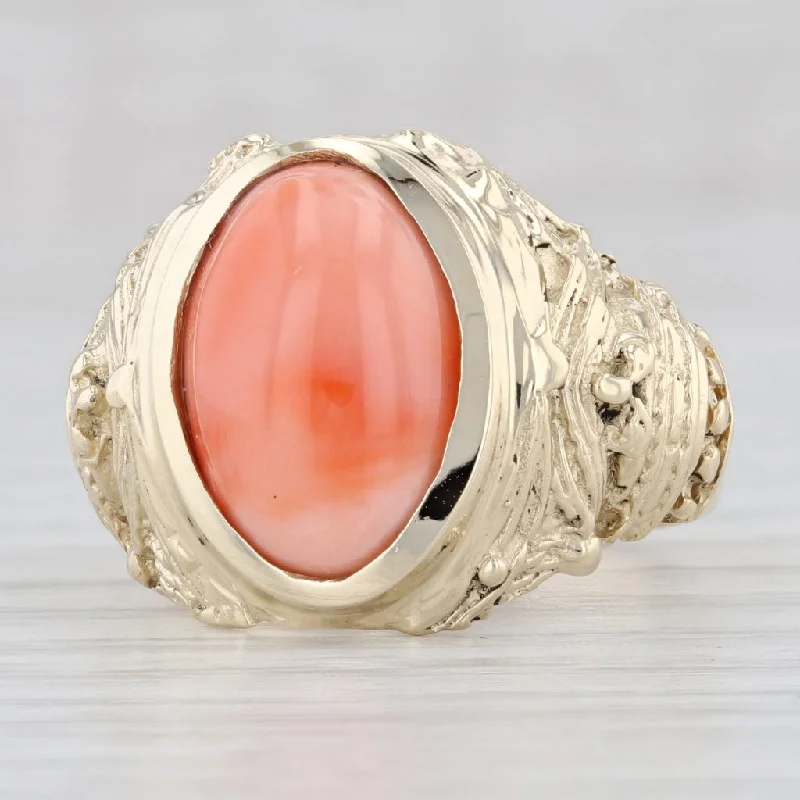 pear-shaped engagement rings for women-Coral Oval Cabochon Solitaire Ring 14k Yellow Gold Size 9.25