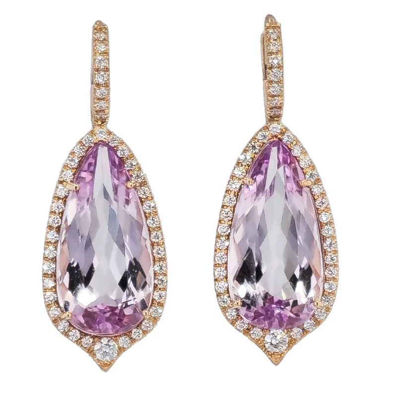 diamond drop earrings for women-Kunzite Rose Gold Diamond Pave Drop Earrings