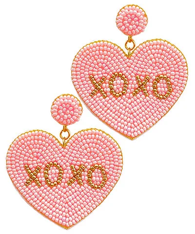 colorful earrings for women-Pink Beaded XOXO Heart Earrings