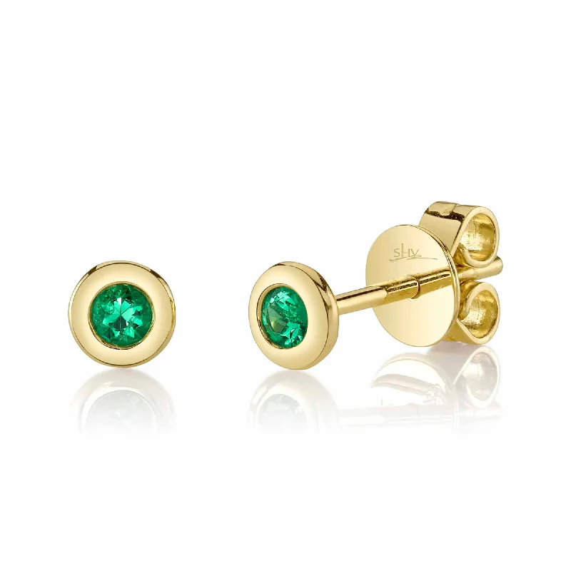 drop earrings for women-14kt Yellow Gold Bezel Set Emerald Stud Earrings