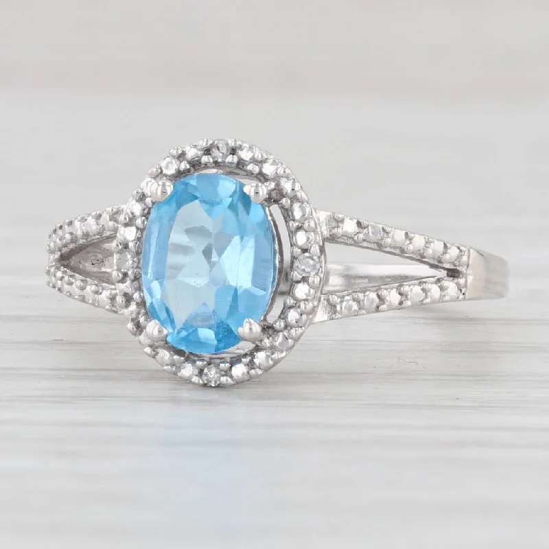 custom sapphire engagement rings for women-1.10ctw Blue Topaz Diamond Halo Ring 10k White Gold Size 7 Oval Solitaire