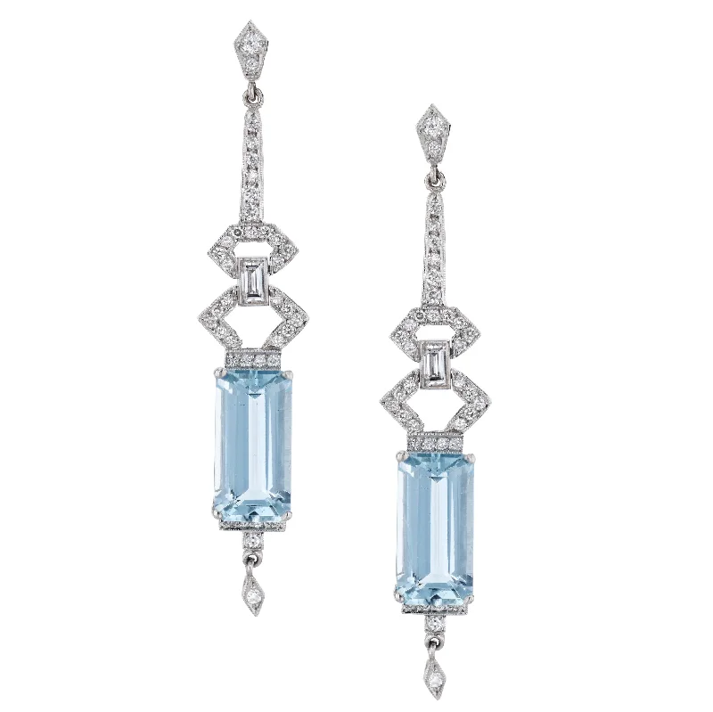 heart earrings for women-Platinum Diamond Aquamarine Drop Earrings