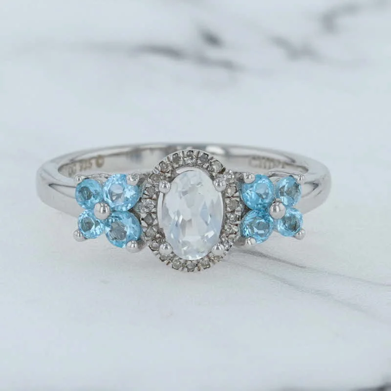 silver engagement rings for women-New 0.82ctw White Blue Topaz Diamond Halo Flower Ring Sterling Silver Size 9