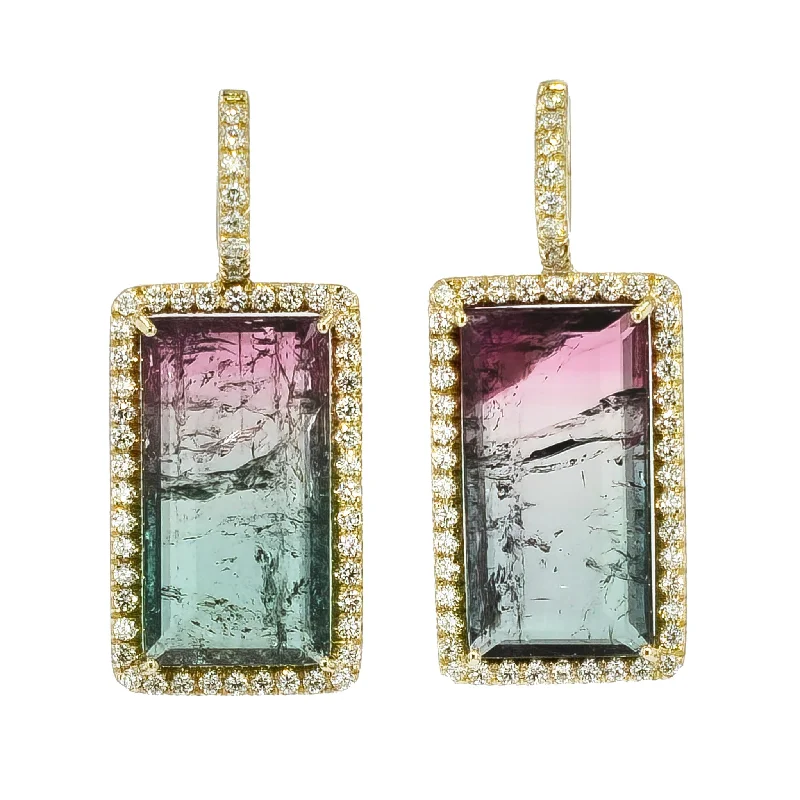 clip-on earrings for women-Bi-Color Tourmaline Yellow Gold Diamond Pave Drop Earrings