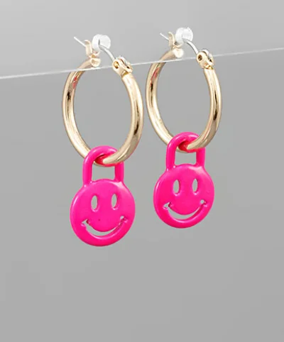 sterling silver stud earrings for women-Smile Face Lock Dangle Hoops - Pink