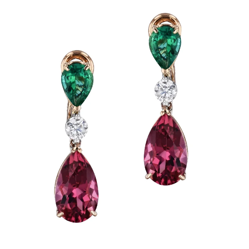 infinity earrings for women-Emerald Diamond Tourmaline Rose Gold Drop Earrings