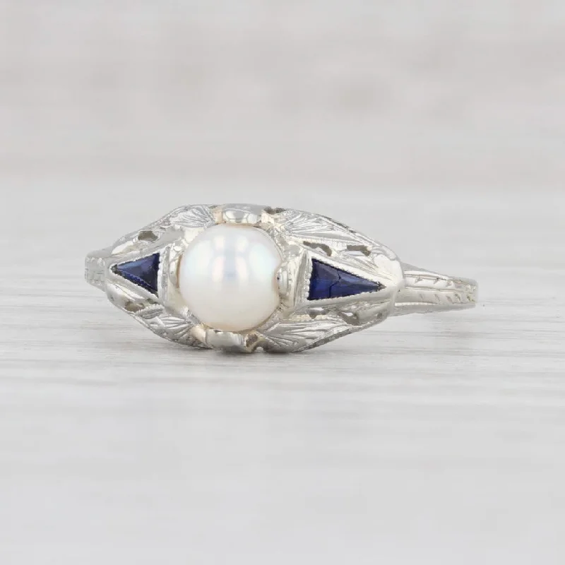 custom engagement rings for women-Art Deco Cultured Pearl Lab Created Sapphire Ring 18k White Gold Size 7.75