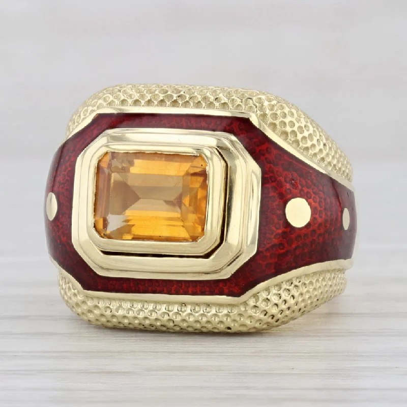 gold engagement rings for women-1.56ct Citrine Susy Mor Cocktail Ring 18k Yellow Gold Red Enamel Size 6