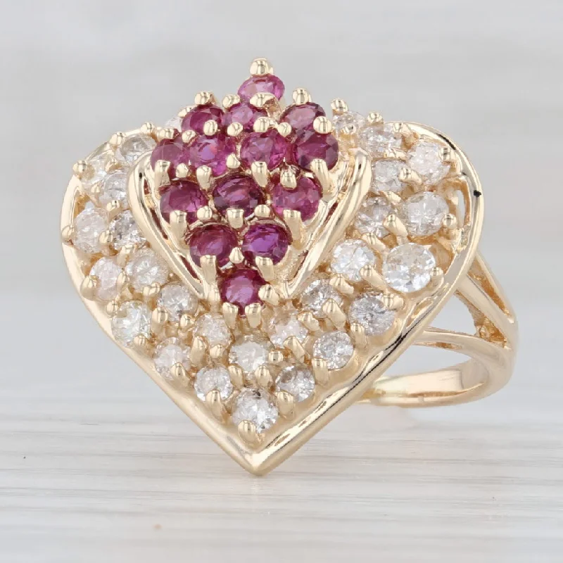 diamond engagement rings for women-1.22ctw Ruby Diamond Cluster Heart Ring 14k Yellow Gold Size 5.25