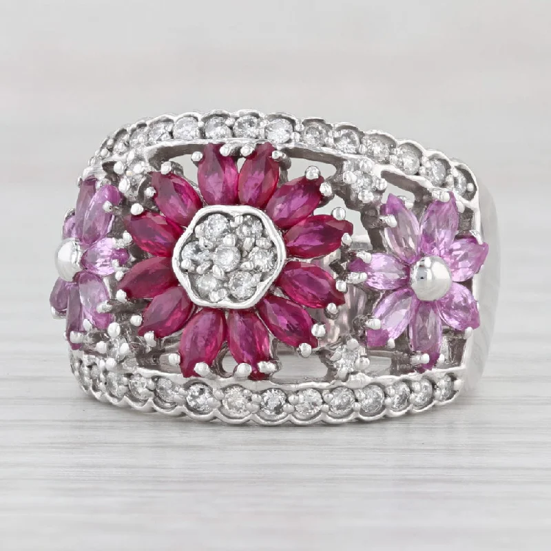 halo engagement rings with diamonds for women-3.36ctw Ruby Sapphire Diamond Flower Cocktail Ring 14k White Gold Size 7.75