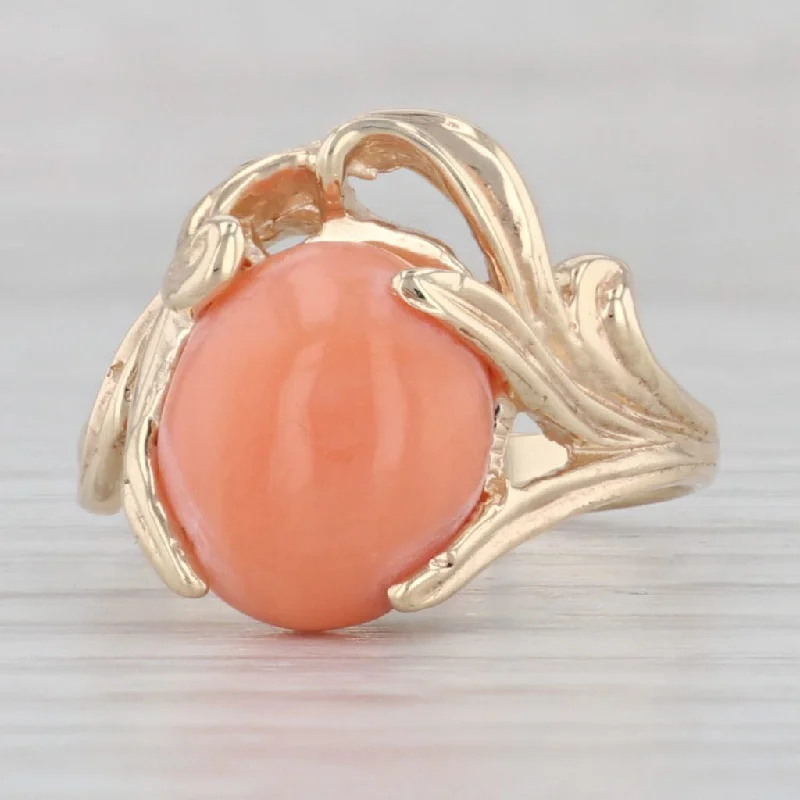 affordable solitaire engagement rings for women-Vintage Floral Coral Ring 10k Yellow Gold Oval Cabochon Solitaire Size 7.75