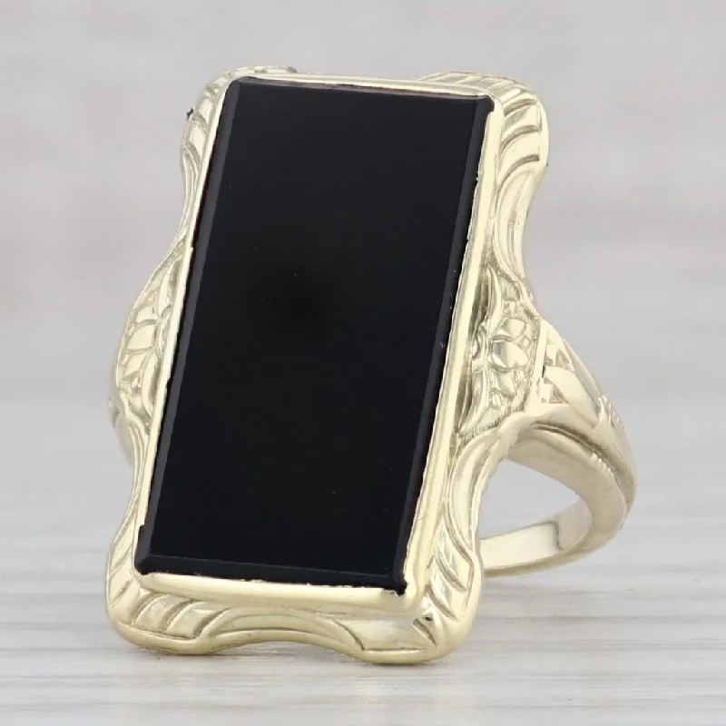 vintage engagement rings for women-Vintage Floral Onyx Ring 14k Yellow Gold Size 4.5 Rectangle Statement