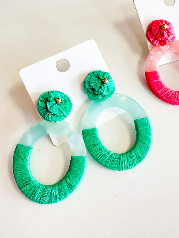 statement earrings for women-Summer Raffia/Acrylic Earrings- Green