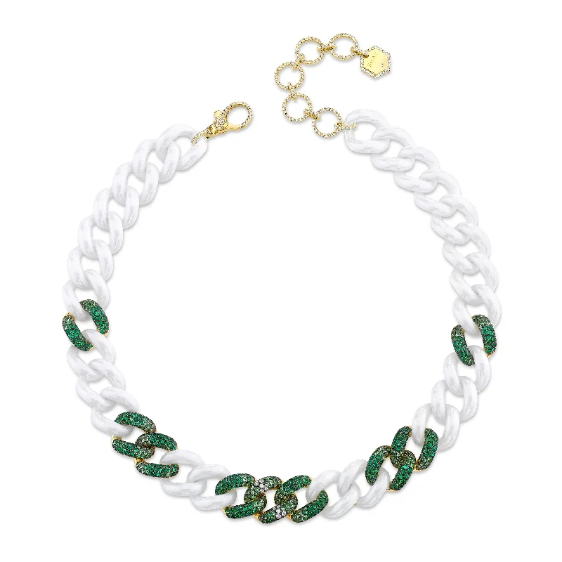 leather necklaces for women-READY TO SHIP EMERALD & GREEN GARNET 9 OMBRE WHITE CERAMIC JUMBO LINK NECKLACE