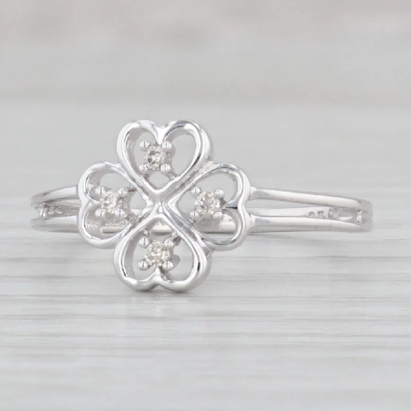 affordable diamond engagement rings for women-Diamond Shamrock Ring 10k White Gold Hearts Clover Size 7.75