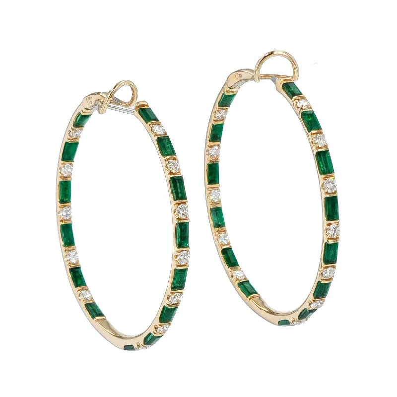 fashion earrings for women-Emerald and Diamond Rose Gold Hoop Earrings