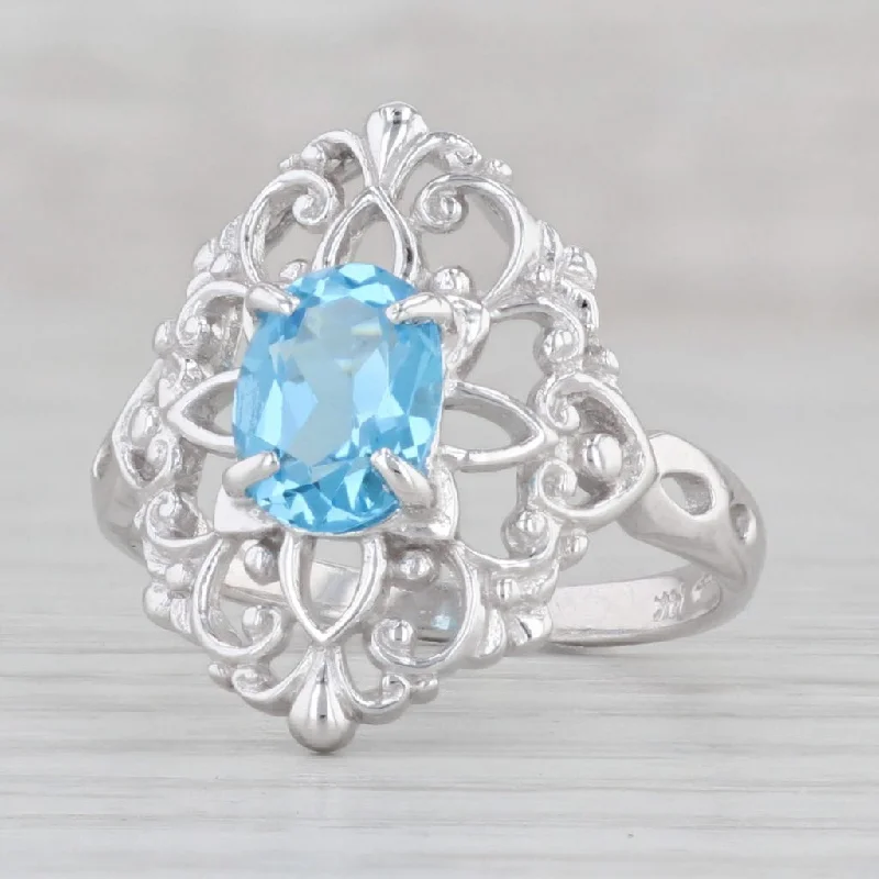 two-tone engagement rings for women-1.30ct Oval Blue Topaz Solitaire Ring 14k White Gold Size 7 Floral Openwork