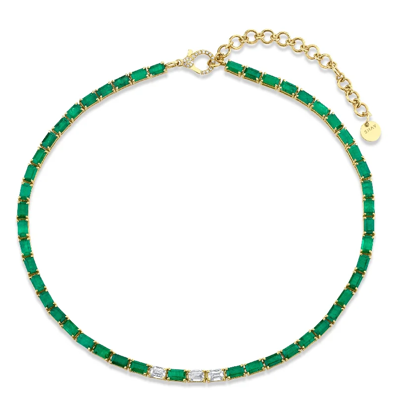 unique necklaces for women-EMERALD & DIAMOND EAST WEST TENNIS NECKLACE