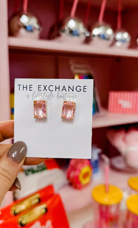 teardrop diamond earrings for women-Pink Ice Stud Rectangle