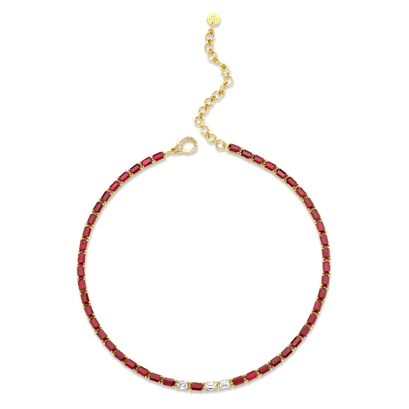 birthstone necklaces for women-RUBY & DIAMOND TENNIS NECKLACE