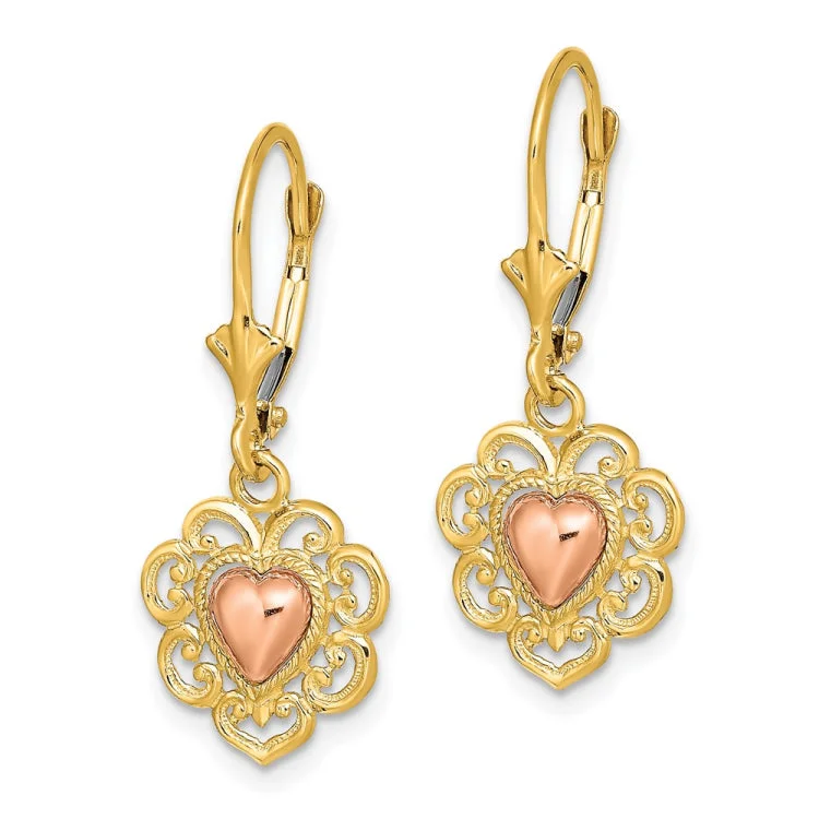 statement earrings for women-14k Two-Tone Polished Heart Leverback Earrings