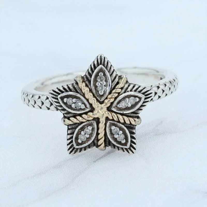 large diamond engagement rings for women-New Diamond Star Flower Ring Sterling Silver 14k Gold Textured Rope Size 7