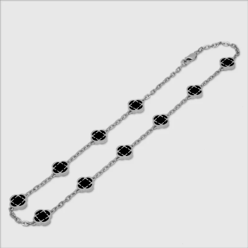 diamond necklace sets for women-Onyx Clover Stone Necklace (Silver)