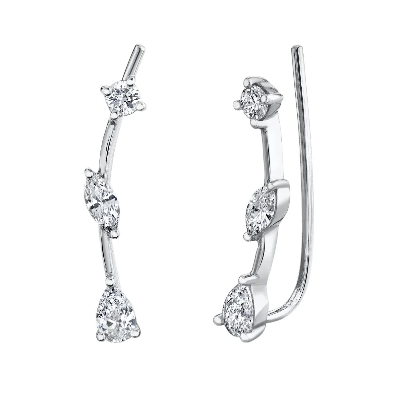 oval earrings for women-White Gold 3 Stone Diamond Crawler Earring