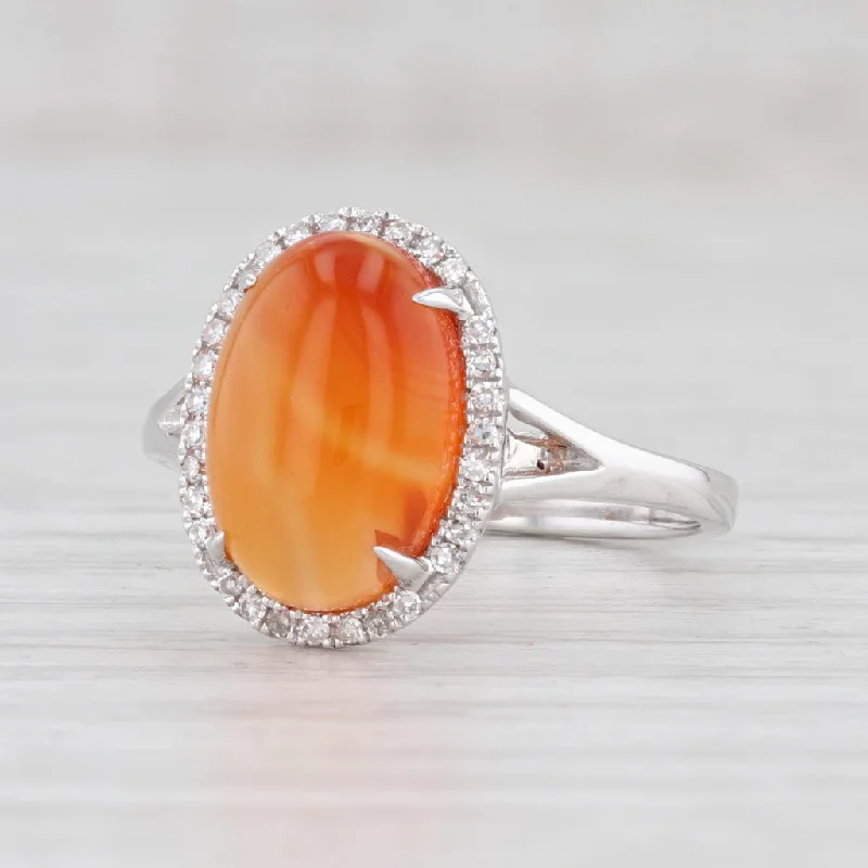 engagement rings with custom engraving for women-New Orange Agate Diamond Halo Ring 14k White Gold Size 7.25 Oval Cabochon