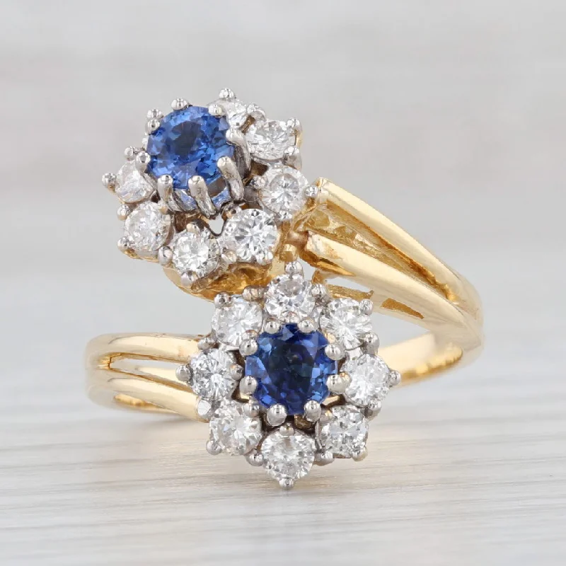 halo engagement rings with diamonds for women-1.30ctw Blue Sapphire Diamond Flower Bypass Ring 18k Yellow Gold Size 6.25