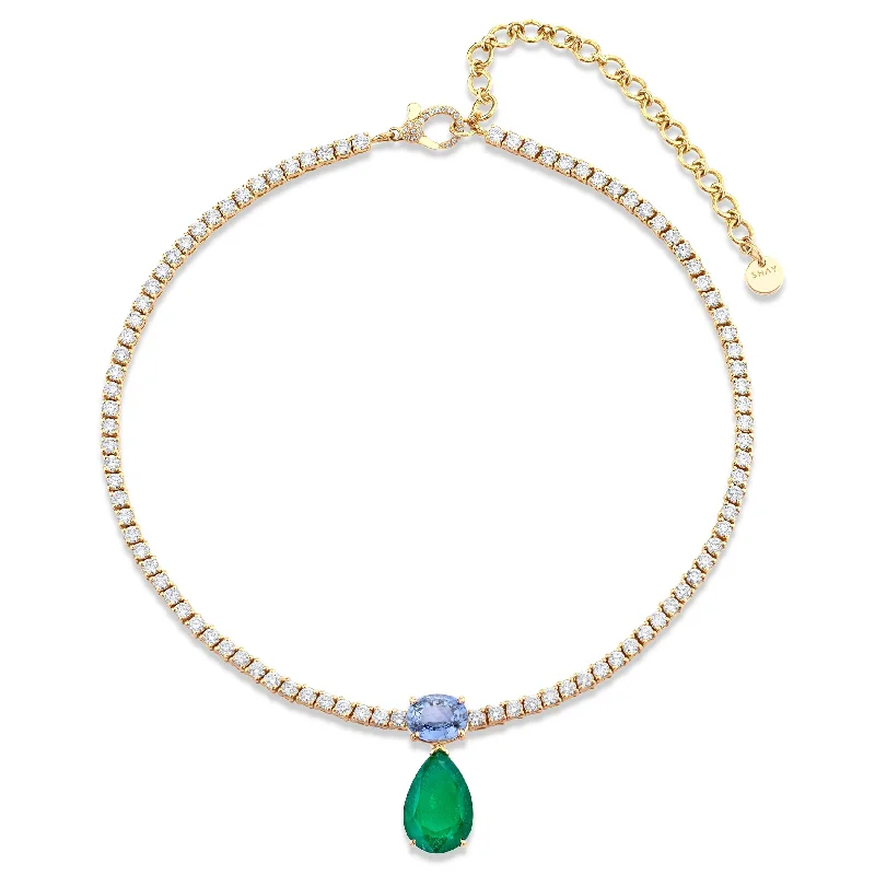 pendant necklaces for women-DIAMOND TENNIS NECKLACE WITH EMERALD & BLUE SAPPHIRE DROP