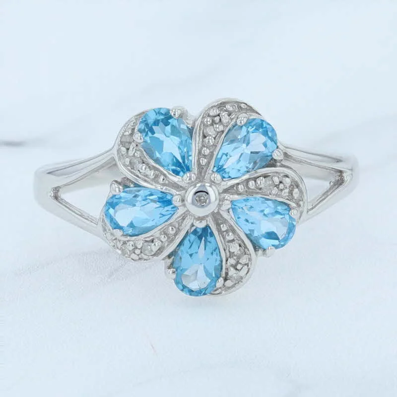 engagement rings with unique settings for women-New 1.23ctw Blue Topaz Diamond Pinwheel Flower Ring Sterling Silver Size 6