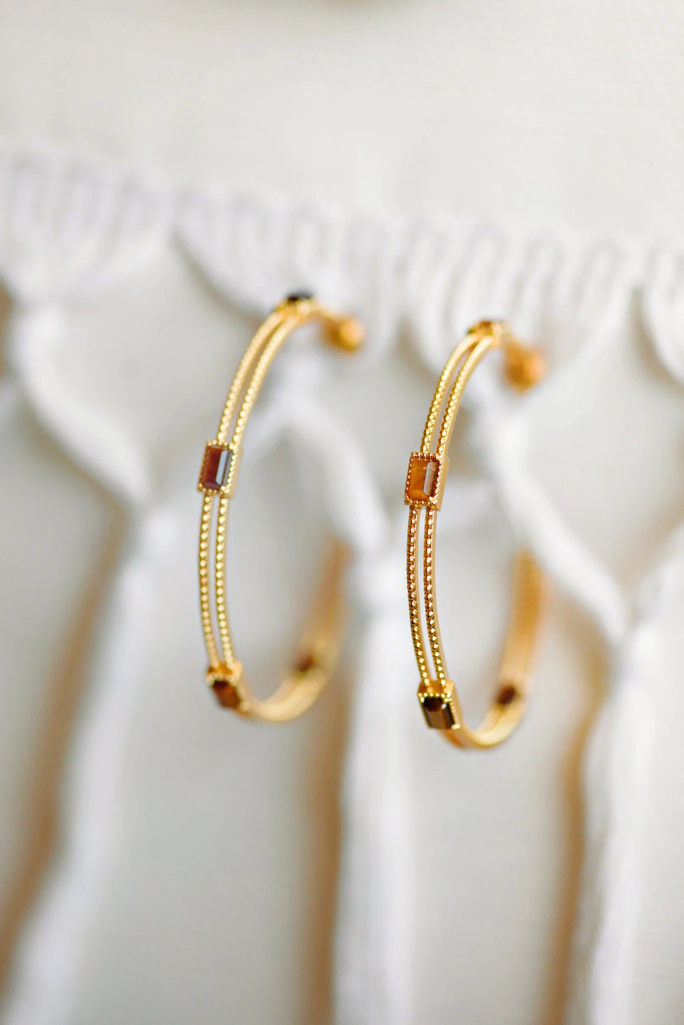 bridal earrings for women-Tatum James Designs Stella Hoops- Tiger Eye