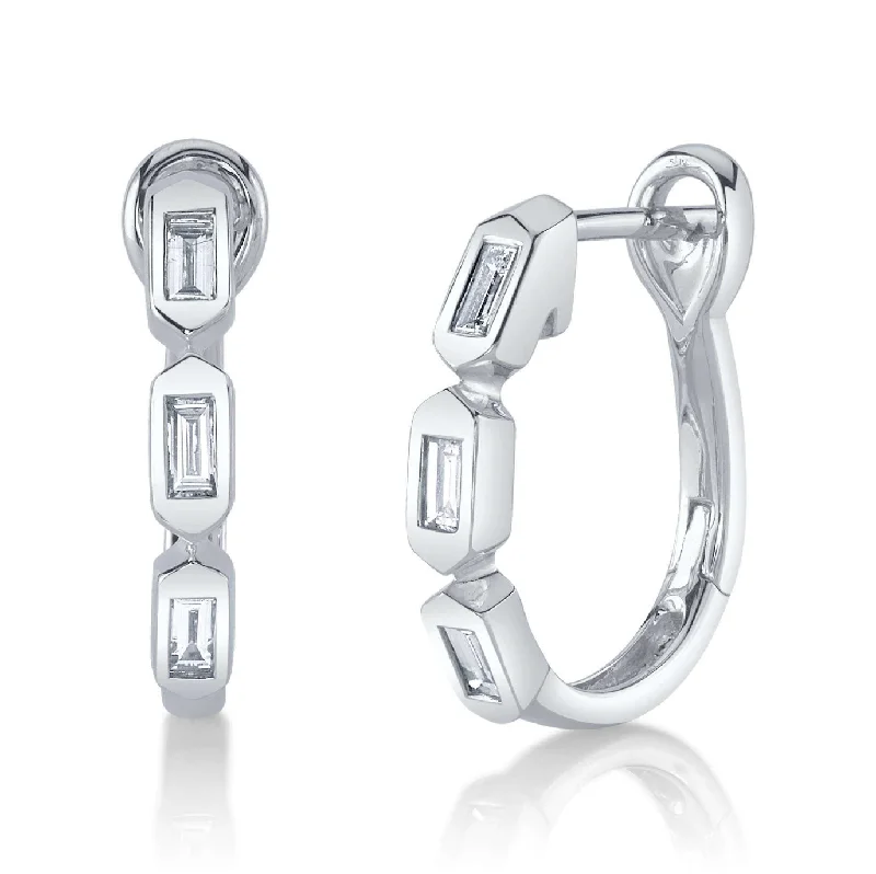 luxury diamond earrings for women-White Gold Diamond Baguette Oval Huggie Earrings