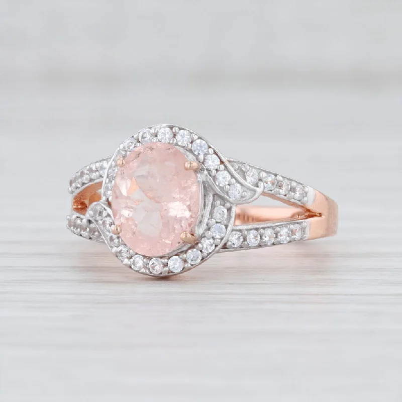 matching engagement rings for women-New 3.10ctw Morganite Zircon Halo Ring Sterling Silver Rose Gold Plated Sz 6.25