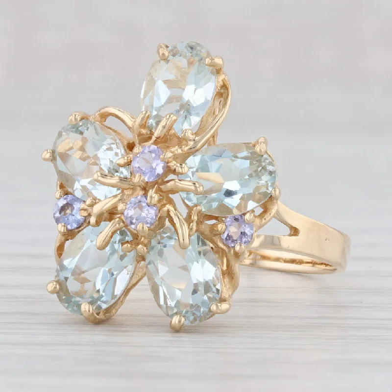 princess cut engagement rings for women-3.92ctw Aquamarine Cluster Tanzanite Ring 14k Yellow Gold Size 9.25 Cocktail