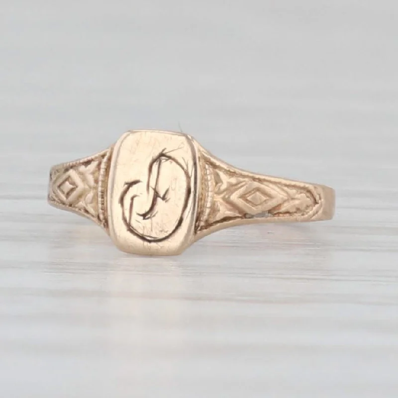 pear-shaped engagement rings for women-Antique Engraved Initial "D" Signet Ring 10k Gold Baby Small Size Keepsake