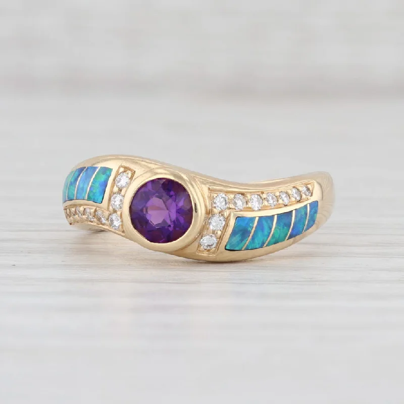 colorful gemstone engagement rings for women-New Kabana Ring Opal Inlay Diamond Amethyst Bypass 14k Yellow Gold Size 7