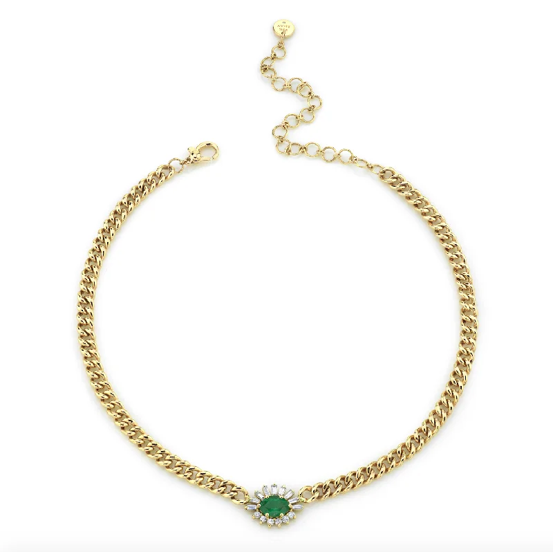 luxury chain necklaces for women-EMERALD & DIAMOND EVIL EYE MINI LINK NECKLACE