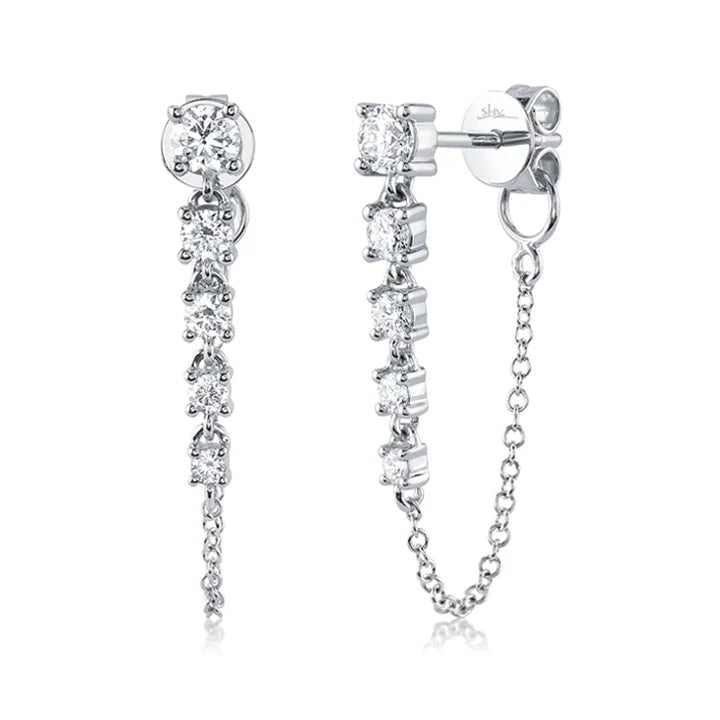 unique earrings for women-White Gold Diamond Chain Drop Earrings